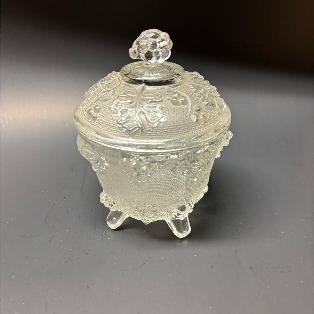Vintage Jeanette Glass 3 footed candy dish with raised grape leaf and lid